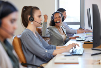 Poster - Excited, success and woman in call center to celebrate winning or goal achievement on computer. Yes, victory or happy telemarketing consultant fist pump for bonus deal, sale or customer service prize