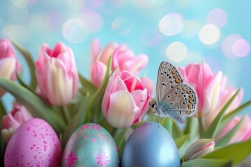 Wall Mural - A blue and pink flower with a butterfly on it. The butterfly is resting on an egg