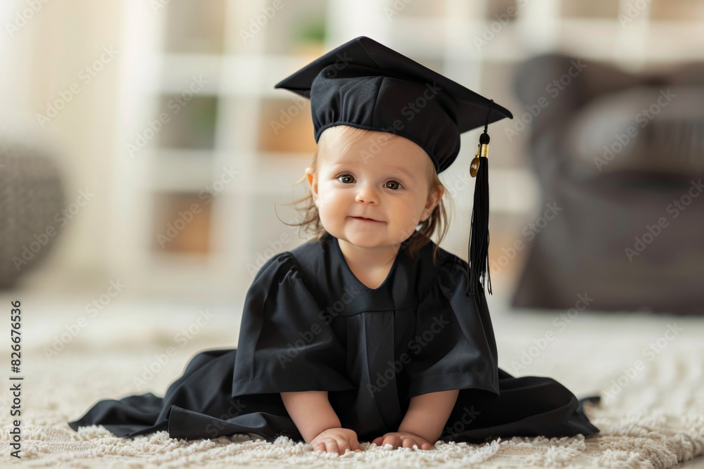 Baby girl in a graduation cap and gown sitting on a rug with a ...