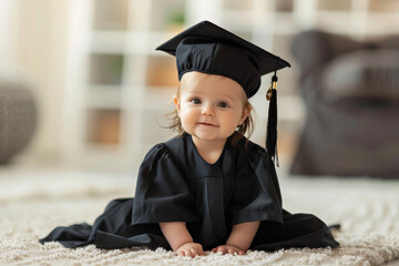 Wall Mural - Baby girl in a graduation cap and gown sitting on a rug with a bookshelf in the background, looking cute and proud