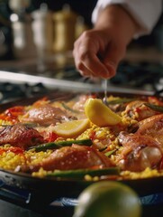 Poster - A person is adding a lemon wedge to a dish of food. The dish is a chicken and vegetable dish with yellow rice