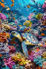 Wall Mural - A colorful underwater scene with a turtle swimming among the fish. Concept of vibrancy and life, as the various fish and coral create a lively and dynamic environment