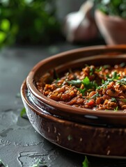 Wall Mural - A bowl of chili with parsley on top. The bowl is brown and has a rustic feel to it. The parsley adds a pop of color and freshness to the dish