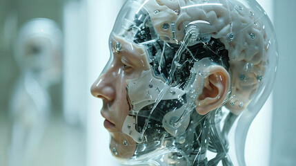 Artificial intelligence close-up: futuristic human-like robot face details. Generative AI image
