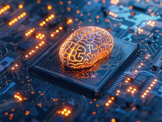 Wall Mural - A computer chip with a brain on it. The brain is glowing orange. Concept of technology and the human brain