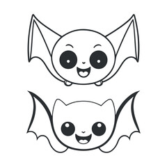 Bat black and white cartoon character design collection. White background. Pets, Animals.