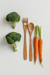 Wall Mural - A fork and spoon are placed next to two pieces of broccoli and a carrot. The image conveys a healthy and balanced meal, with the vegetables