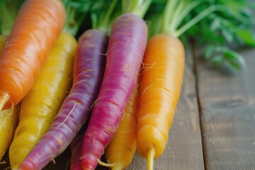 Wall Mural - A bunch of carrots are displayed on a wooden table. The carrots are of different colors, including purple, orange, and yellow. The arrangement of the carrots creates a vibrant and colorful display
