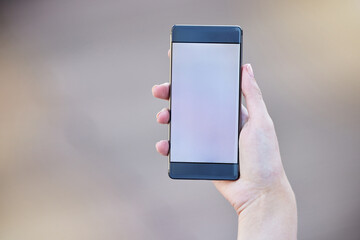 Poster - Business person, hands and smartphone display or screen for mockup, advertising and online branding. Mobile, marketing and blank space for product placement, logo or text advertisement for promo