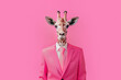 © ADDICTIVE STOCK - Surreal giraffe in a pink suit against a pink background. Generative AI image