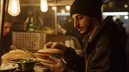 A man wearing a black hat and a black jacket is holding a burger. He is standing in front of a counter with a bowl of food