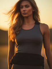 Wall Mural - A woman wearing a grey tank top and black belt is standing in a field. The image has a warm, sunny feel to it, with the woman's hair blowing in the wind