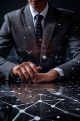 Wall Mural - A man in a suit is sitting at a table with his hands clasped together. Concept of professionalism and focus, as the man is in a business setting