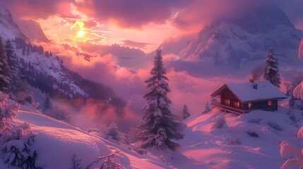 Poster - winter sunset in the mountains