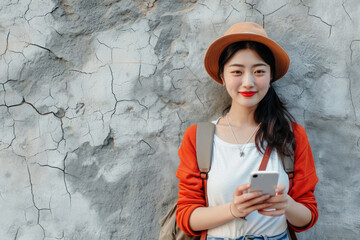 Wall Mural - A woman wearing a hat and a red shirt is holding a cell phone. She is smiling and she is enjoying herself