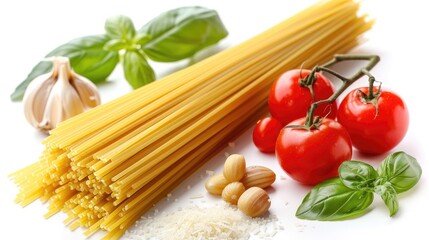 Wall Mural - Italian spaghetti pasta cooking ingredients on white background