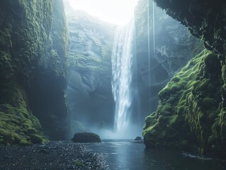 Poster - A waterfall is surrounded by lush green moss and rocks. The water is calm and clear, and the mist from the waterfall creates a serene atmosphere