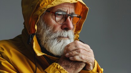 Wall Mural - A man in a yellow raincoat with glasses and a beard. He is looking at the camera with a serious expression