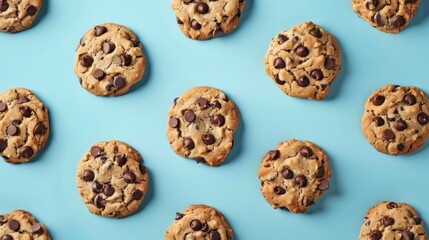 Wall Mural - A row of chocolate chip cookies on a blue background. The cookies are all the same size and shape, and they are arranged in a neat, orderly pattern. The blue background gives the image a calm