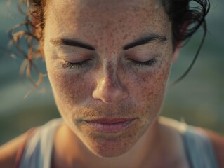 A woman with red hair and freckles is looking at the camera. She has a calm and peaceful expression on her face