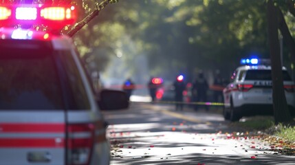 Wall Mural - A police car is parked on the side of the road with its lights on. The scene appears to be chaotic and tense, with multiple police officers and a fire truck present