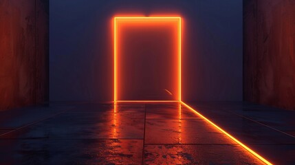 Poster - 3d rendering of abstract door with orange light in dark empty stage room - surreal and futuristic sc