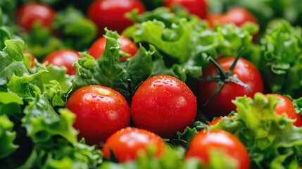 Close up of fresh vegetable salad ingredients including red tomatoes and green lettuce