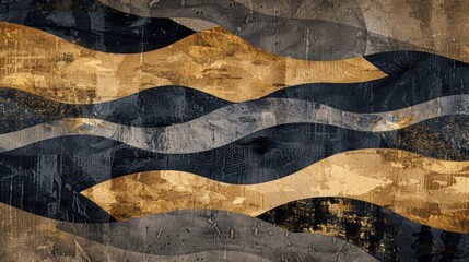 Wall Mural - A painting of a wave with gold and black colors. The painting has a mood of calmness and serenity