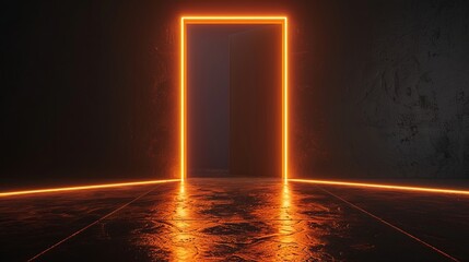Poster - 3d rendering of abstract door with orange light in dark empty stage room - surreal and futuristic sc