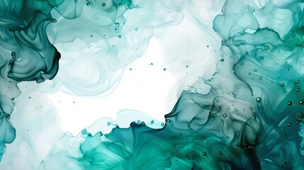 Abstract liquid fluid art painting background in teal blue green cool tones with alcohol ink technique on white banner text space