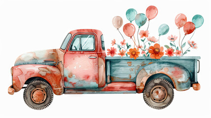 Wall Mural - Watercolor truck with flowers and balloos, celebrating concept