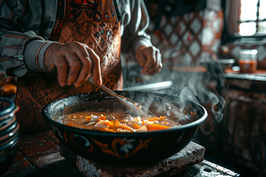 Mexican woman preparing traditional pozole in a rustic kitchen