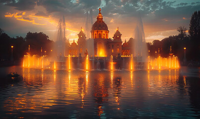 Beautiful palace with regular park and fountains, inspired by palaces of 18-19th centuries at night 