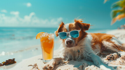 Dog lounging on beach, wearing sunglasses, summer vibes, refreshing drink