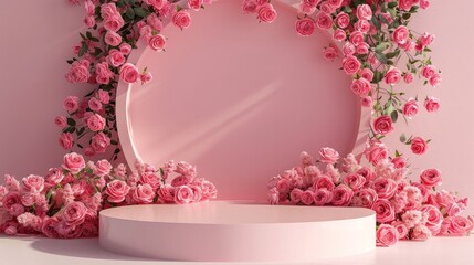 Wall Mural - Product display podium with a pink rose backdrop