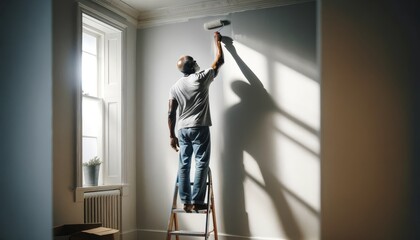 Older Man Painting Interior Wall with Roller