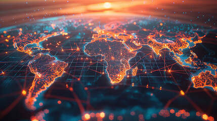 Wall Mural - World map, glowing network connections, sunset, digital interface, futuristic, global communication, aerial view