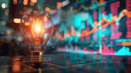 Poster - A glowing light bulb symbolizing a bright idea against a blurry stock market chart