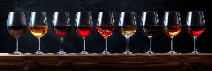 A row of elegant wine glasses showcasing a variety of red and white wines, set on a wooden table.