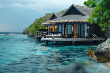 Sticker - Nestled along the tranquil shore, a luxurious villa offers relaxation amidst a picturesque seascape.