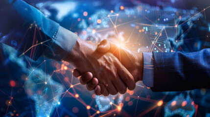 Poster - Two professionals shaking hands with a vibrant digital network overlay symbolizing connectivity