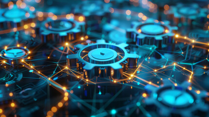 Poster - Abstract digital landscape with interconnected gears and glowing circuit lines illustrating advanced tech concept