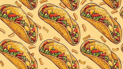 Wall Mural - Seamless pattern of Scrumptious Tacos Pattern Enlivening Restaurant Advertisements and Promotions