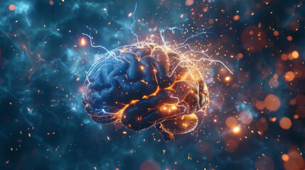 Leinwandbilder - 3d rendered concept of a human brain with sparking neural networks against a dynamic, blue background