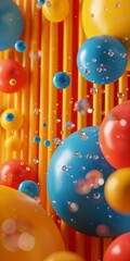 Sticker - Colorful 3D spheres with water droplets on a yellow striped background