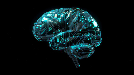 3d illustration of a human brain with glowing circuit patterns on a dark background