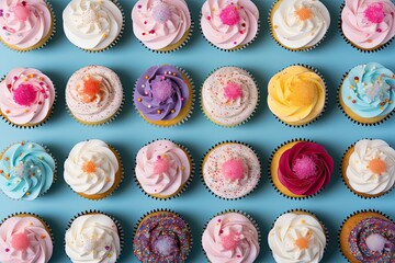 Aufkleber - a blue background with a bunch of cupcakes on it, The image features a blue backdrop filled with a assortment of cupcakes.