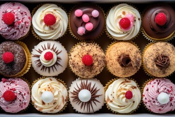 Aufkleber - a blue background with a bunch of cupcakes on it, The image features a blue backdrop filled with a assortment of cupcakes.