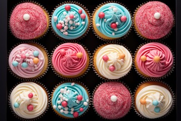 Aufkleber - a blue background with a bunch of cupcakes on it, The image features a blue backdrop filled with a assortment of cupcakes.