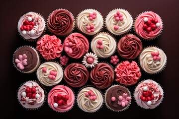 Aufkleber - a blue background with a bunch of cupcakes on it, The image features a blue backdrop filled with a assortment of cupcakes.